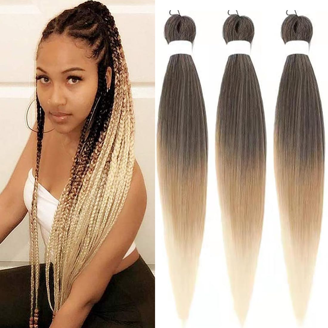 Pre Stretched Braiding Hair Extensions 3 Packs 26 Inch Black Blond Beige Ombre Braiding Hair Synthetic Braids Hair Extension for Women Hot Water