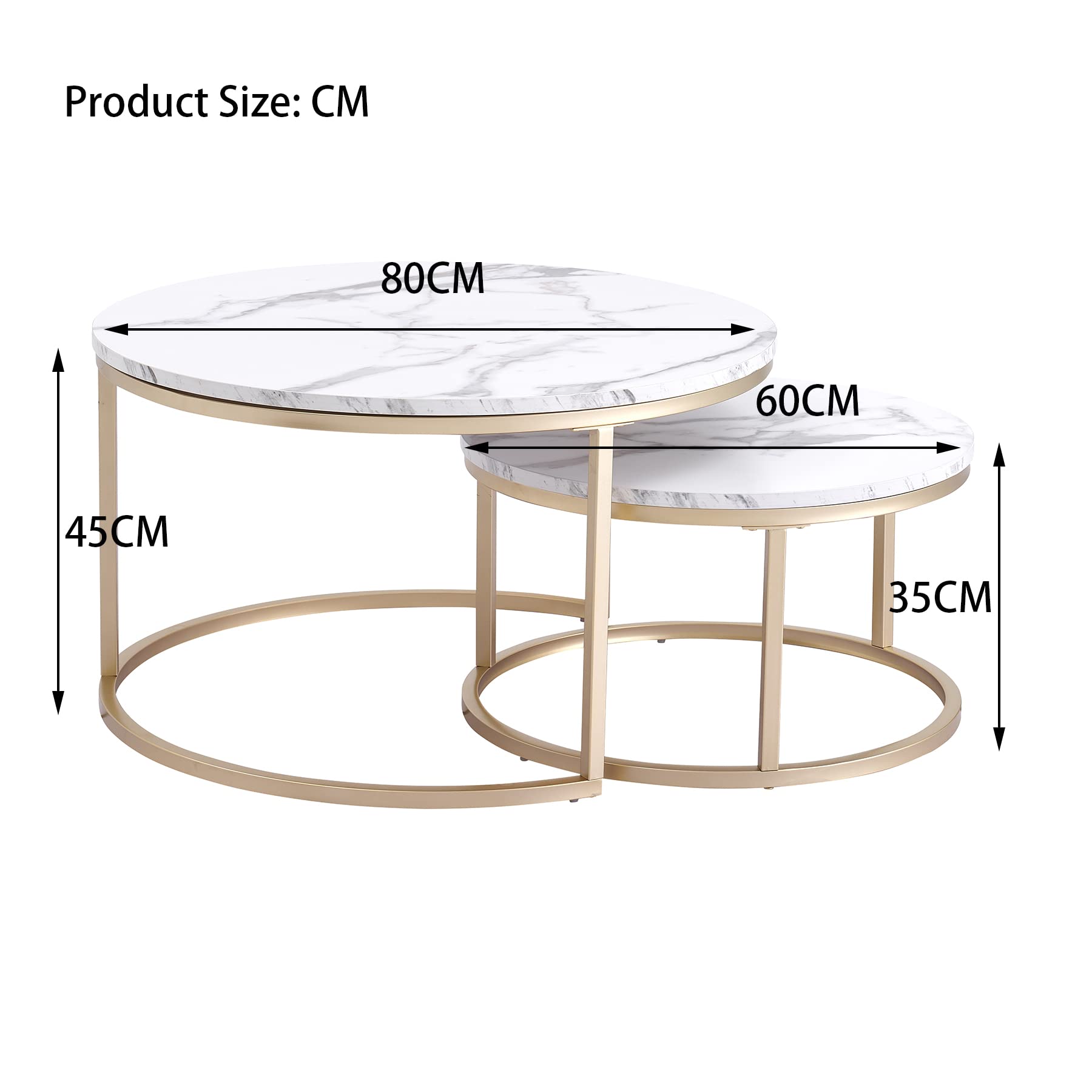 GrandCA HOME Set di 2 Tavolini Rotondi a Incastro con Piano in Finto Marmo, Tavolino da Caffè per Soggiorno, Oro (80x80x45cm e 60x60x35cm)