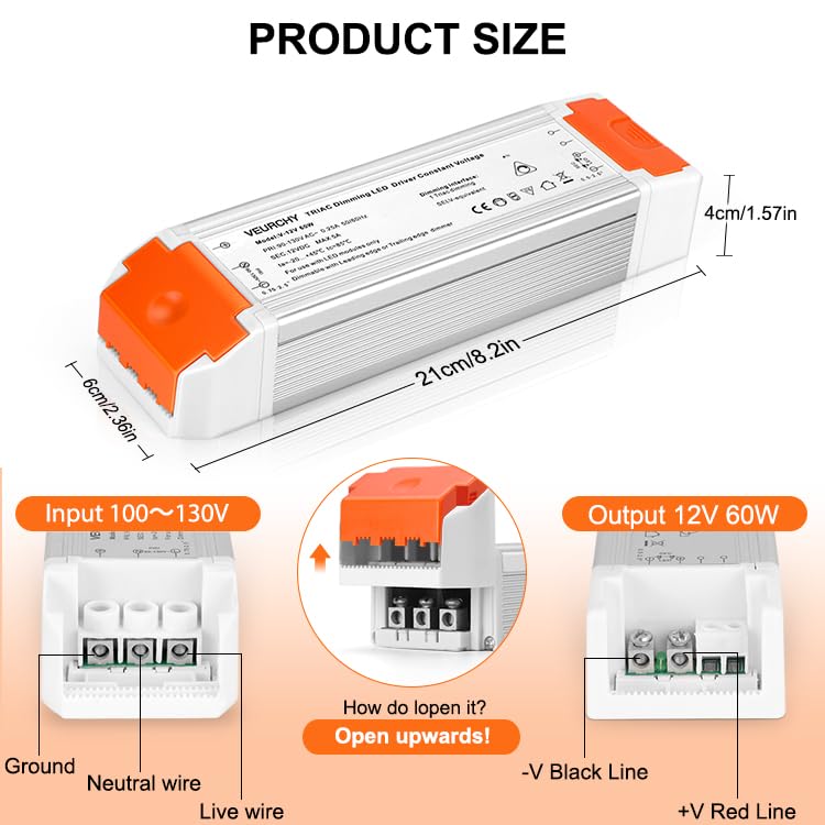 Dimmable LED Driver 12V DC 60W Triac Constant Transformer 120V AC to 12Volt DC Input/Output Isolation Protection 60Watt LED Power Supply Lighting Low Voltage Dimmer for Strip Light Model Vec1