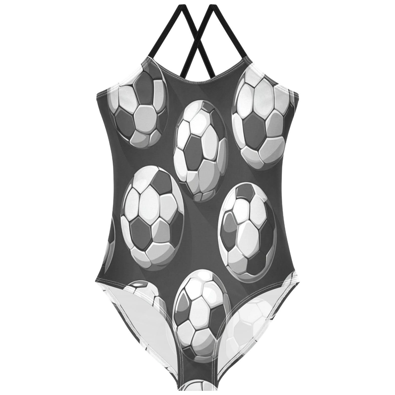 Pigsaly Girls One Piece Swimsuits Gray White Black Soccer Balls Football Kids Cross Back Swimwear Bathing Suit 5T-6T