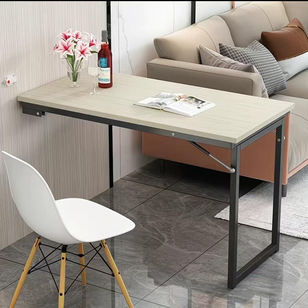 Table de cuisine flottante murale en chêne avec étagère pliable en L