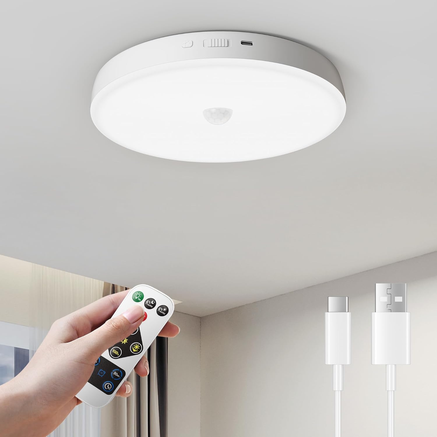 Homelist Akku Deckenleuchte mit Bewegungsmelder, 12000mAh Batterie Deckenlampe, Dimmmbare Akku Deckenlampe Badezimmer mit Fernbedienung, für Flur Garage Schuppen Dachboden Senioren Kinder, 1 Stück