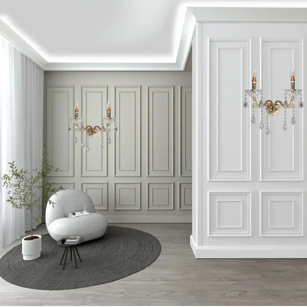 Vetrineinrete® Applique candelabro lampada da parete con gocce pendenti di cristallo in acrilico 2 bracci attacco E14 oro e argento stile retrò E35-O illuminazione lampadario casa (Oro) G66