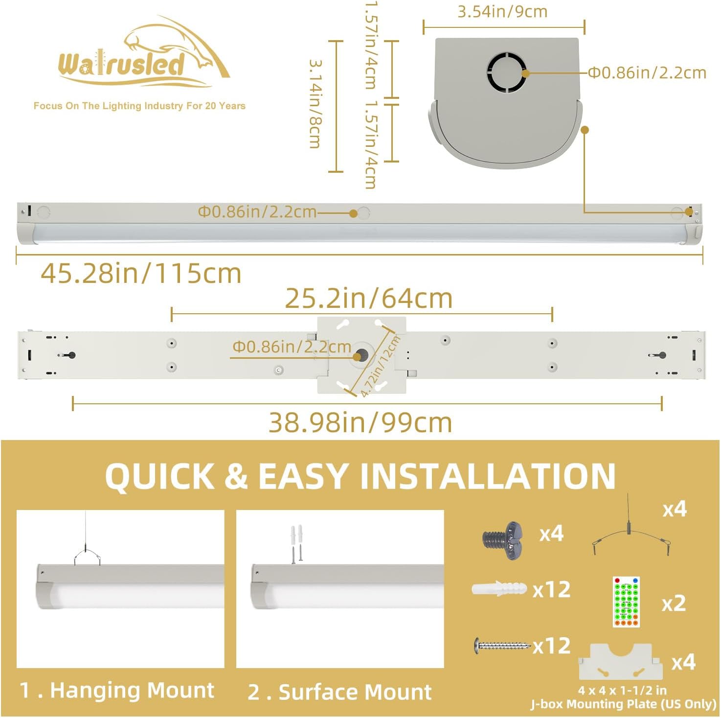 2 Pack 4FT Tri-Level Motion Sensor LED Linear Strip Stairwell Light with Remote, CCT Selectable 20W/40W 2500lm/5000lm 3000K/4000K/5000K Dimmable 4 Foot Commercial Shop Ceiling Light Fixture, ETL DLC