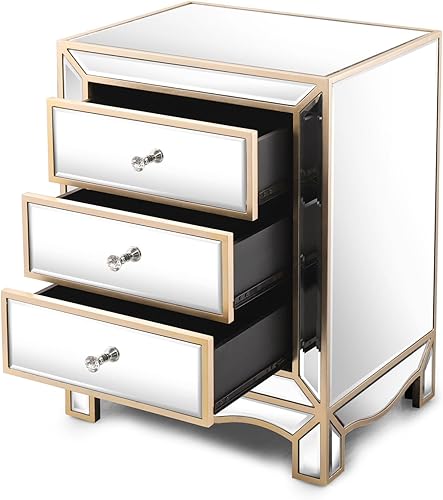 Miniatura 8 de Henf Elegante mesita de noche de espejo con borde dorado plateado con 3 cajones, mesa de acento de espejo con perilla de cristal, mesa auxiliar para