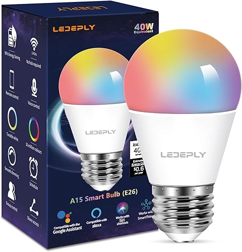 LEDEPLY 5 W  40 W, bombilla inteligente A15, compatible con Alexa, Google Home, E26, cambio de color, bombillas LED WiFi regulables, no requiere