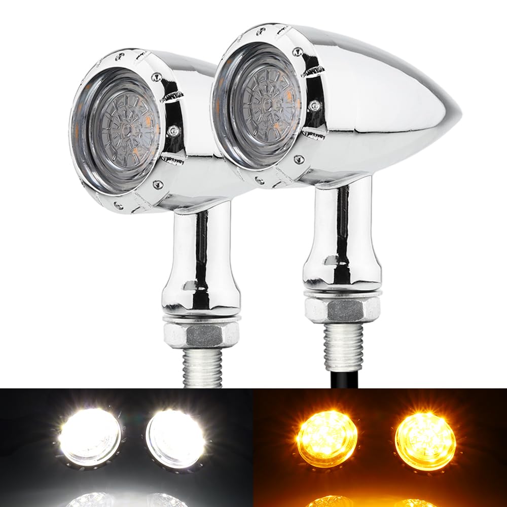 TSUNG 2PCS Motorcycle Bullet LED Front Turn Signal White Amber Light SMD Blinker Indicator for Cruiser Chopper Bobber Cafe Racer Street Bike (SMD LED-3wire Chrome)