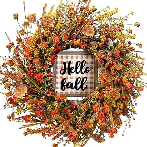 CIR OASES 20Inch Fall Grain Wreath Artificial Autumn Wreath with Colorful Daisies, Fall Leaves Gold Wheat Harvest Wreath for Front Door Wall Window, Ideal for Autumn & Halloween & Thanksgiving Decor Cover