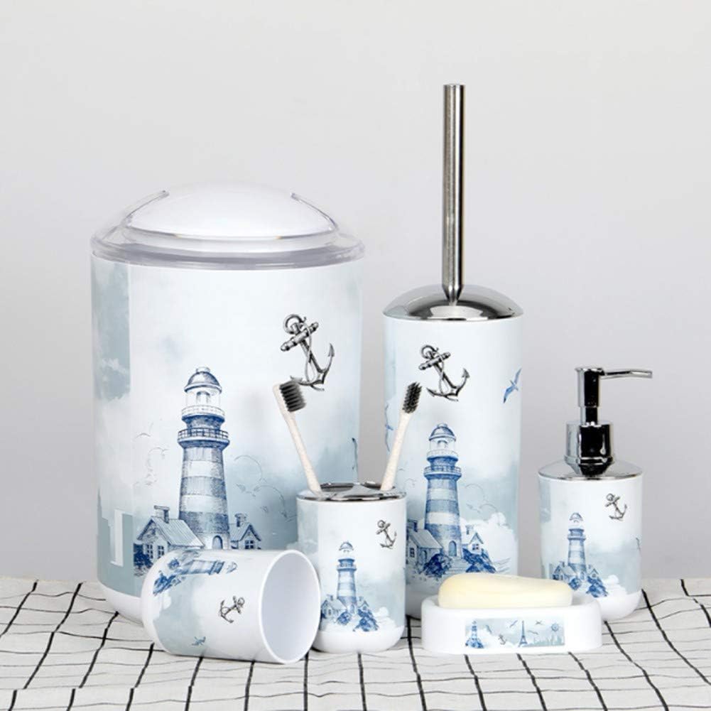 YYBFG 6Pcs Bathroom Accessory Including Mug, soap Box, Liquid Bottle, Toothbrush Holder, Toilet Brush, Trash can（Lighthouse）