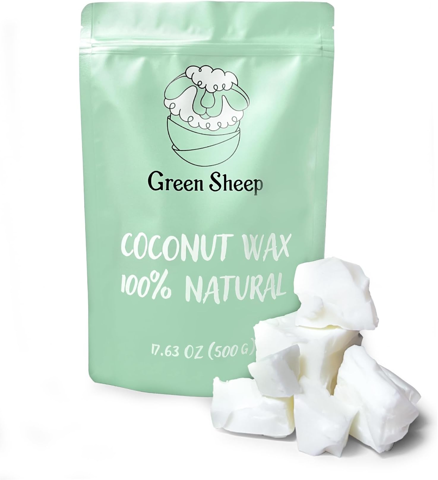 Green Sheep Coconut Wax – 100% Natural & Skin-Safe | Premium Bulk Flakes for Making Candles | Smooth Melting, Strong Scent Throw (500g/17 oz Bag)