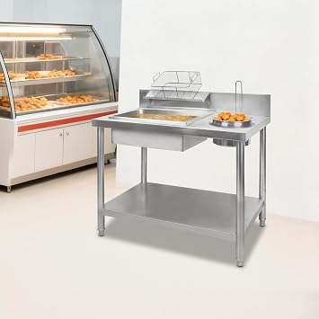 Stainless Steel Fried Chicken Breading Station, Heavy Duty Commercial Kitchen Prep Table Food Preparation Work Table w/Basins & Baskets for Kitchen Restaurant Business Shop55Lbs Capacity