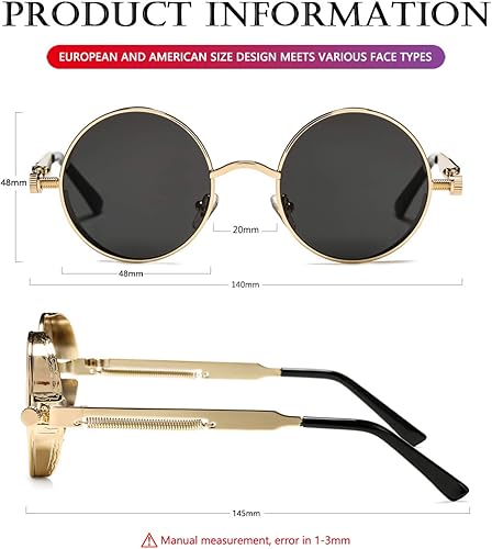 Miniatura 6 de AIEYEZO Round Steampunk Sunglasses for Men Women Retro Gothic Sun Glasses Round Metal Frame Ladies Shades