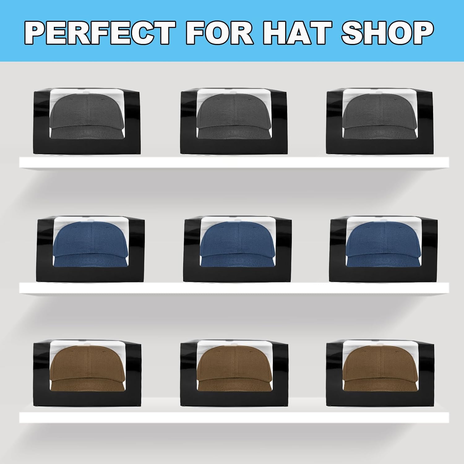 TANEMUDO 55 Pcs Display Black Gift Boxes for Baseball Caps 7.8" x 7.8" x 4.7" Paper Hat with Window Clear Organizer Case Holder Packing Fold Hat Storage Display Box