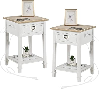 Wnutrees End Table with Charging Station, 2 USB Ports and 2 Outlets, White