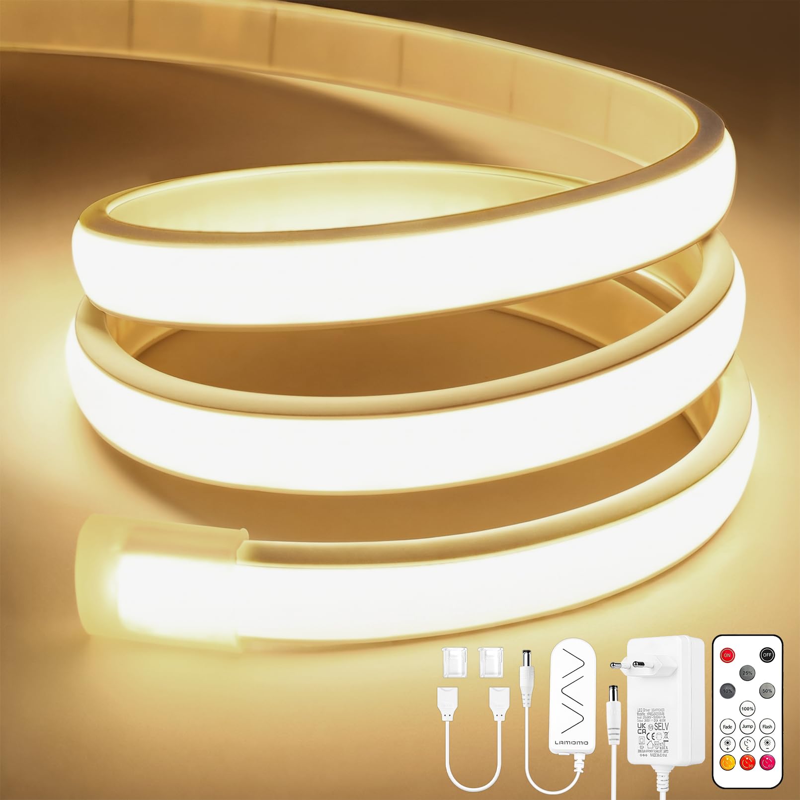 Lamomo Striscia LED COB, luce bianca naturale, dimmerabile, 6 m, con telecomando, 4000 K, autoadesiva, impermeabile, larghezza 10 mm, striscia luminosa flessibile in silicone per interni e armadi