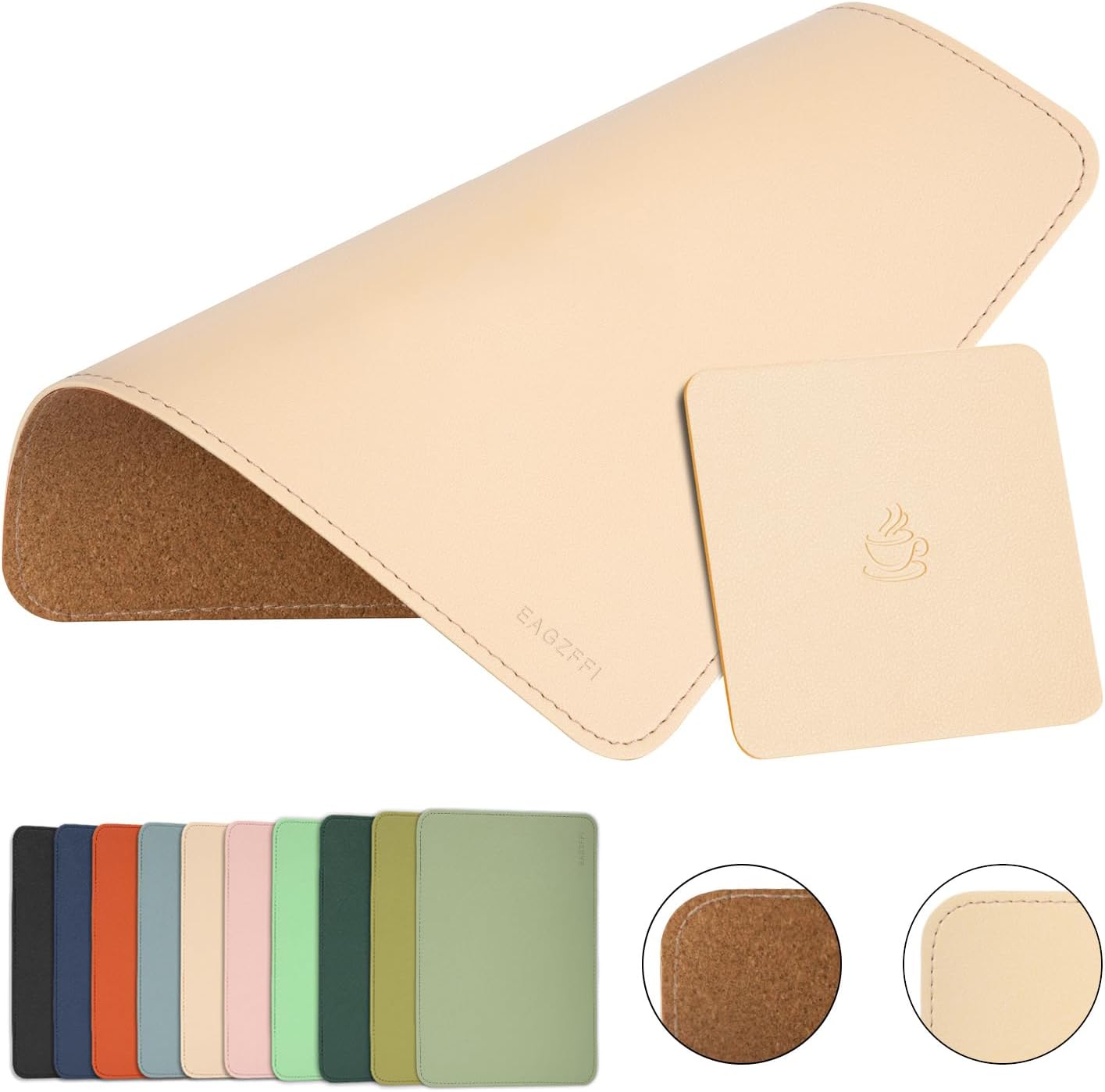 Leather Mouse Pad,Wood Mouse Pad,Double Side Mouse Pad,Stitched Edges,Equipped with Coaster Mouse Pads for Laptop,Office & Home,1 Pack,8inch11inch, (Apricot)