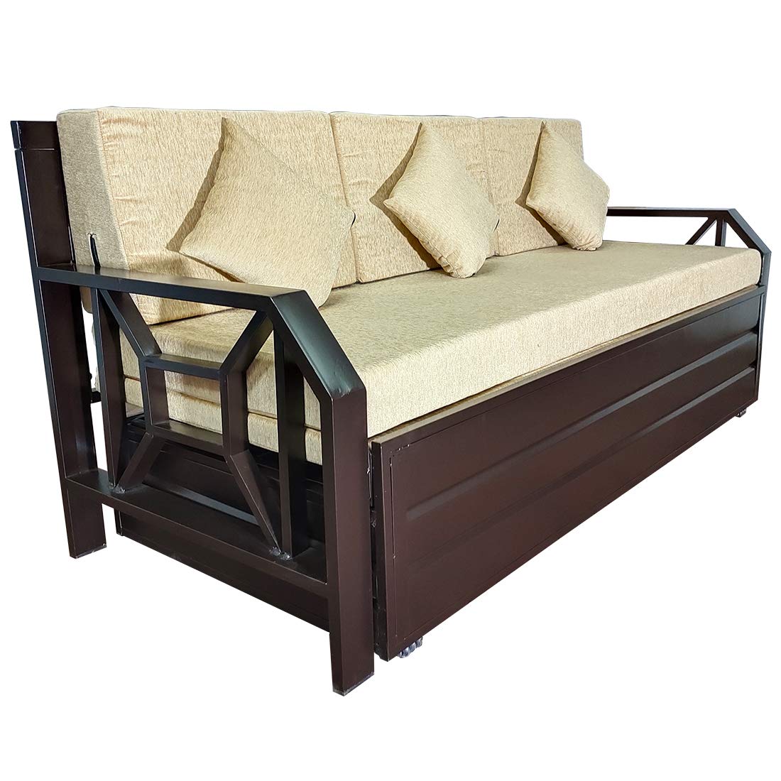 Queen Size 6X5 Metal Sofa Cum Bed with Hydraulic Storage – 3 Seater Cream (Matte Finish, Brown) Queen Size 6X5 Metal Sofa Cum Bed with Hydraulic Storage – 3 Seater Cream (Matte Finish, Brown)