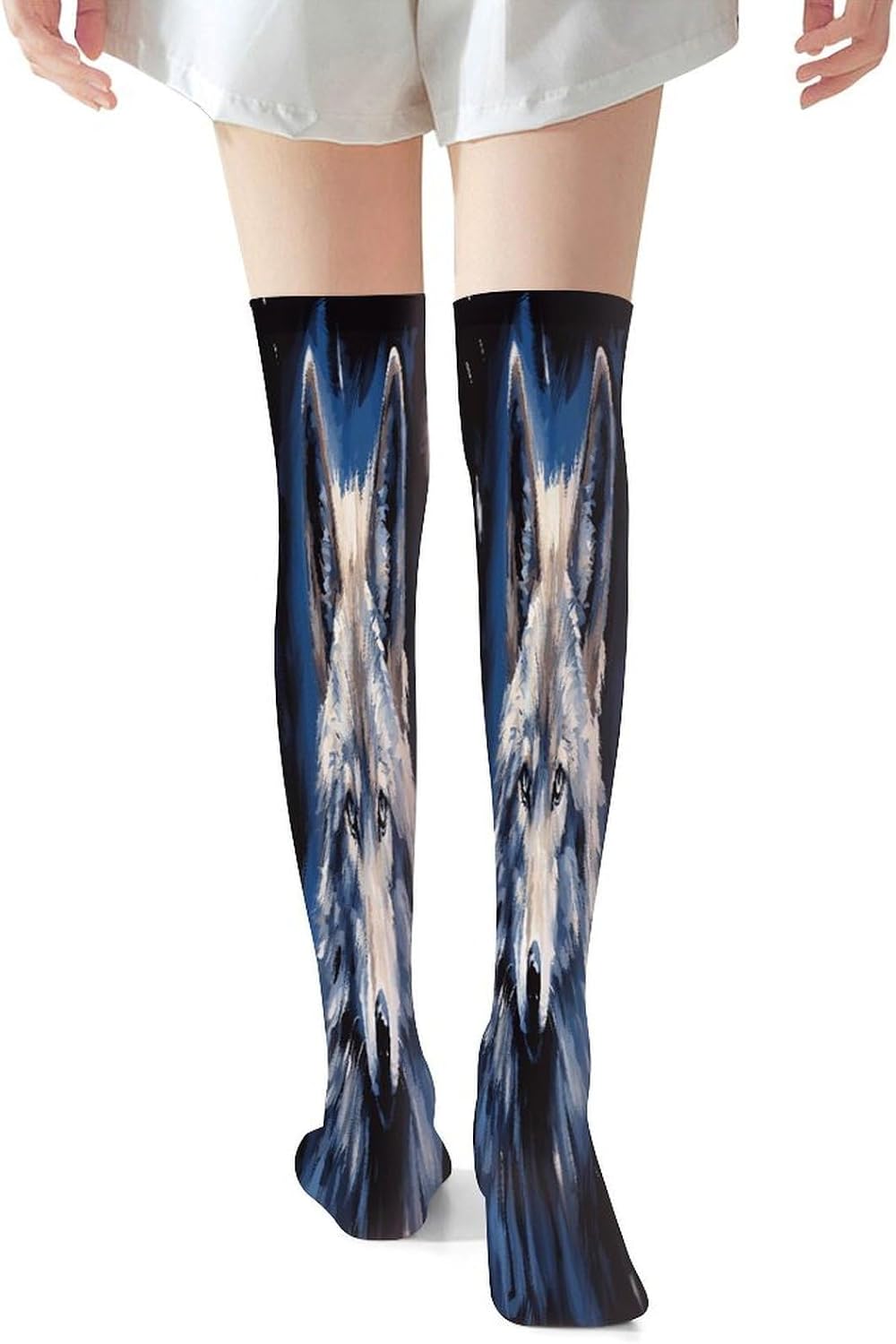 Wolf Head on Blue Background Women High Waist Fishnet Stockings Stretch Mesh Pantyhose Sexy Trendy Legwear for Daily Wear