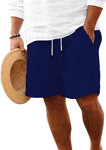 Navy Blue 2XL Mens Linen Shorts Flat Front Casual Elastic Waist Drawstring Summer Beach Vacation Shorts with Pocket9Inch