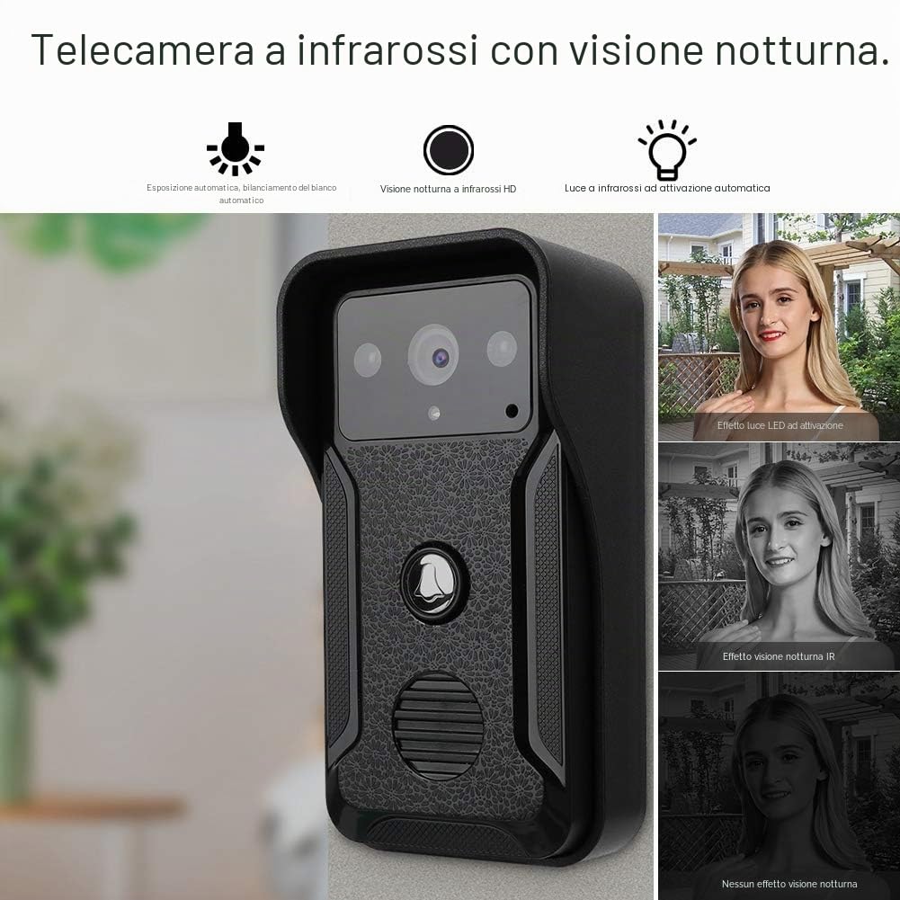 Videocitofono, Sistema Interfono con Video Campanello cablato LCD da 7 pollici con Telecamera da esterno 1000TVL, supporto visione notturna IR, monitoraggio, Sblocco(Unione Europea)