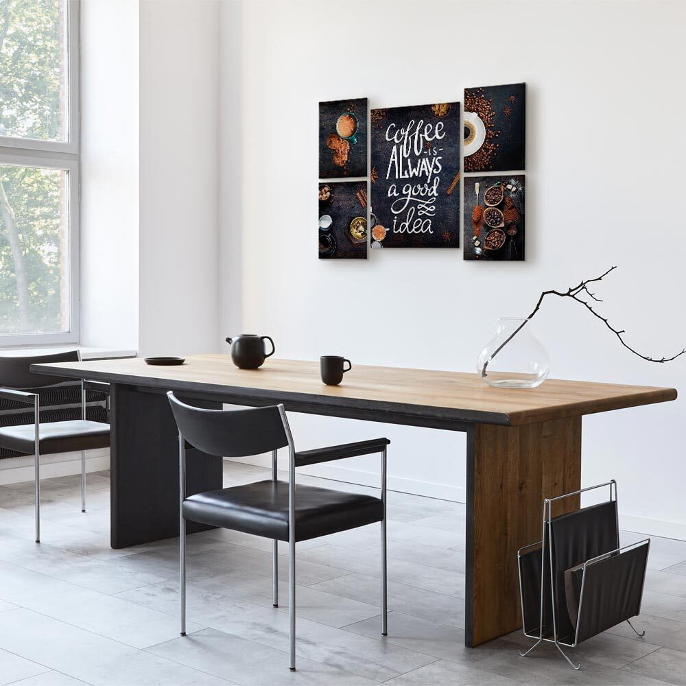 decomonkey Quadri Moderni Cucina Caffè Coffee Always, 5 pezzi, 110x80 cm | Tela strutturata su telaio in legno, decorazione da parete, good, idea, tazza, marrone, nero, Quadro Stampa su Tela