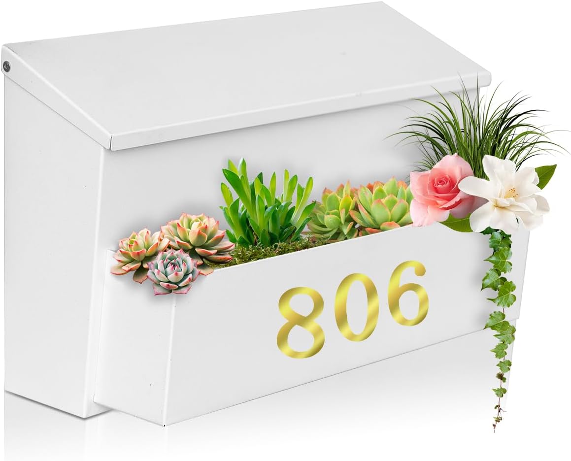 Wall Mount Mailbox, Large Capacity for House, Outside, with 3 Sets of 0-9 Number Stickers & Flower Planter, Galvanized Steel Rust-Proof Metal Post Drop Box, 15.74"×9.84"×6.41" White
