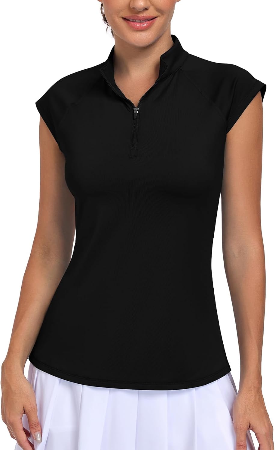 WOWENY Womens Golf Shirts Cap Sleeve Polo Quick Dry Tennis Tops Pickleball Outfits Quarter Zip