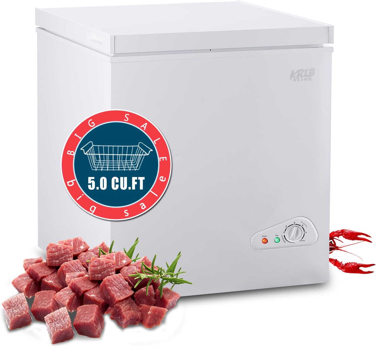 5.0 Cu.Ft Compact Chest Freezer with Removable Basket, Krib Bling Top Door Open Freestanding Deep Freezer with 7 Gears Temperature Adjustment, Ideal for Home, Kitchen & Office, White