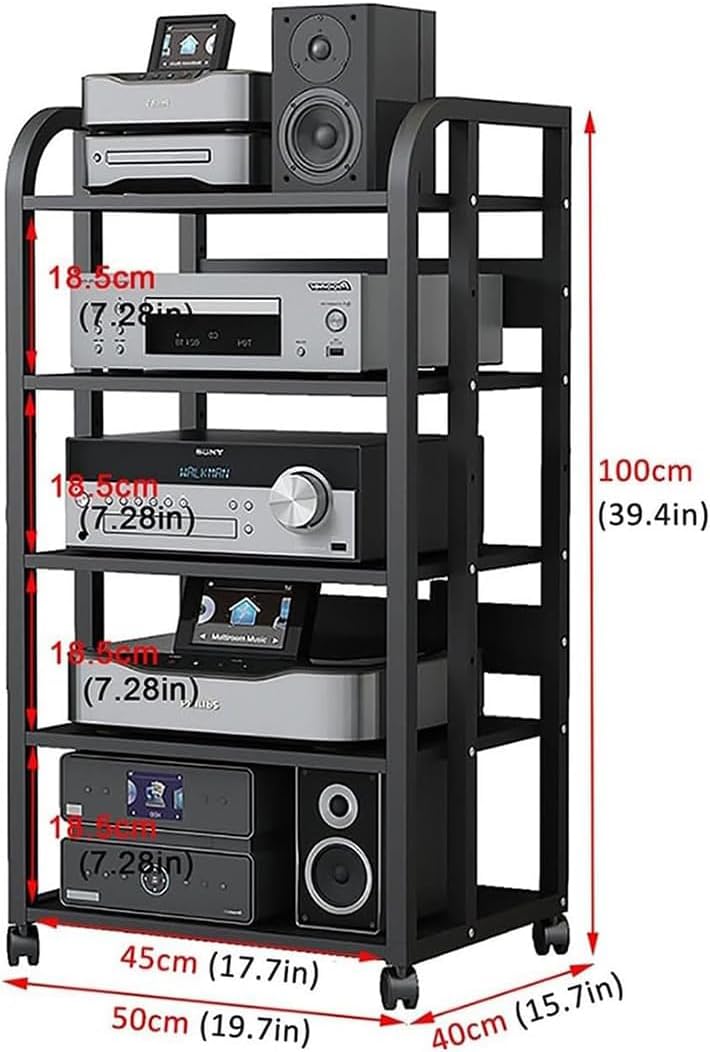 5-Tier AV Media Stand, Audio-Video Shelving Adjustable, Rolling AV Rack Electronics Equipment Shelf Stereo Cabinet for Living, Gaming, Recording Room (Black)