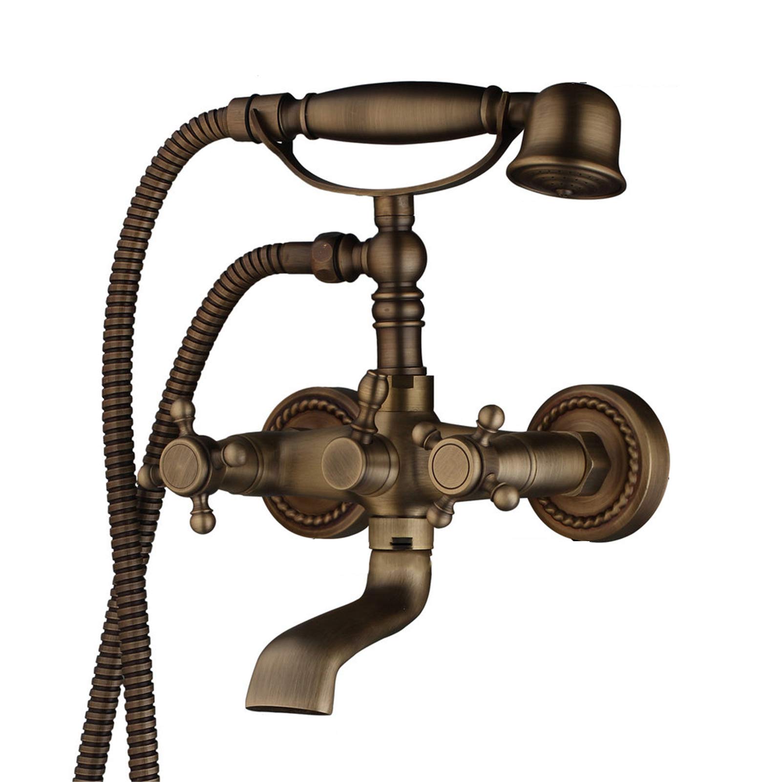 OZBMA Bath Mixer Tap Vintage Wall Mount Antique Brass Bathtub Faucet with Hand Shower Sprayer, Bathroom Tub Faucet, Double Cross Handle Telephone Shaped Handheld Sprayer Set