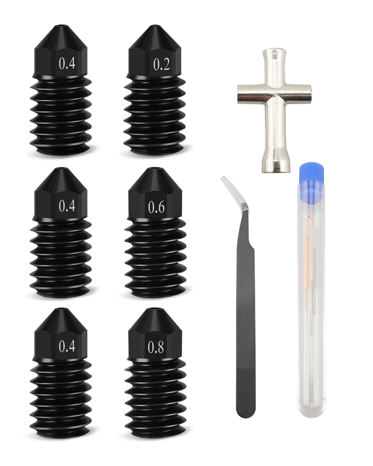 6PCS Hardened Steel Nozzle Fit for Bambu Lab A1/ A1 Mini Printer Hotend，0.2mm 0.4mm 0.6mm 0.8mm Removable Nozzle