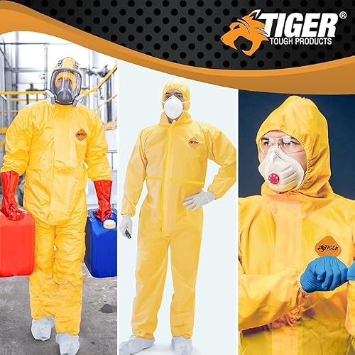 Tiger Tough Chemical Protection Coveralls - Hazmat Suits with Hood & Zipper – Durable Yellow Chemical Suit for Industrial Use, Large, 1-Pack - Thumbnail 7