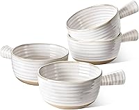 LETAUCI French Onion Soup Bowls with Handles, 20oz Oven Microwave Dishwasher Safe Set of 4, Farmhouse Handcrafted Arctic White 5.5 Inch