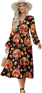 Women's V-Neck Long Sleeve Tie Dress Midi Dresses Wrap Waist Dress for Party Wedding Guest Cocktail