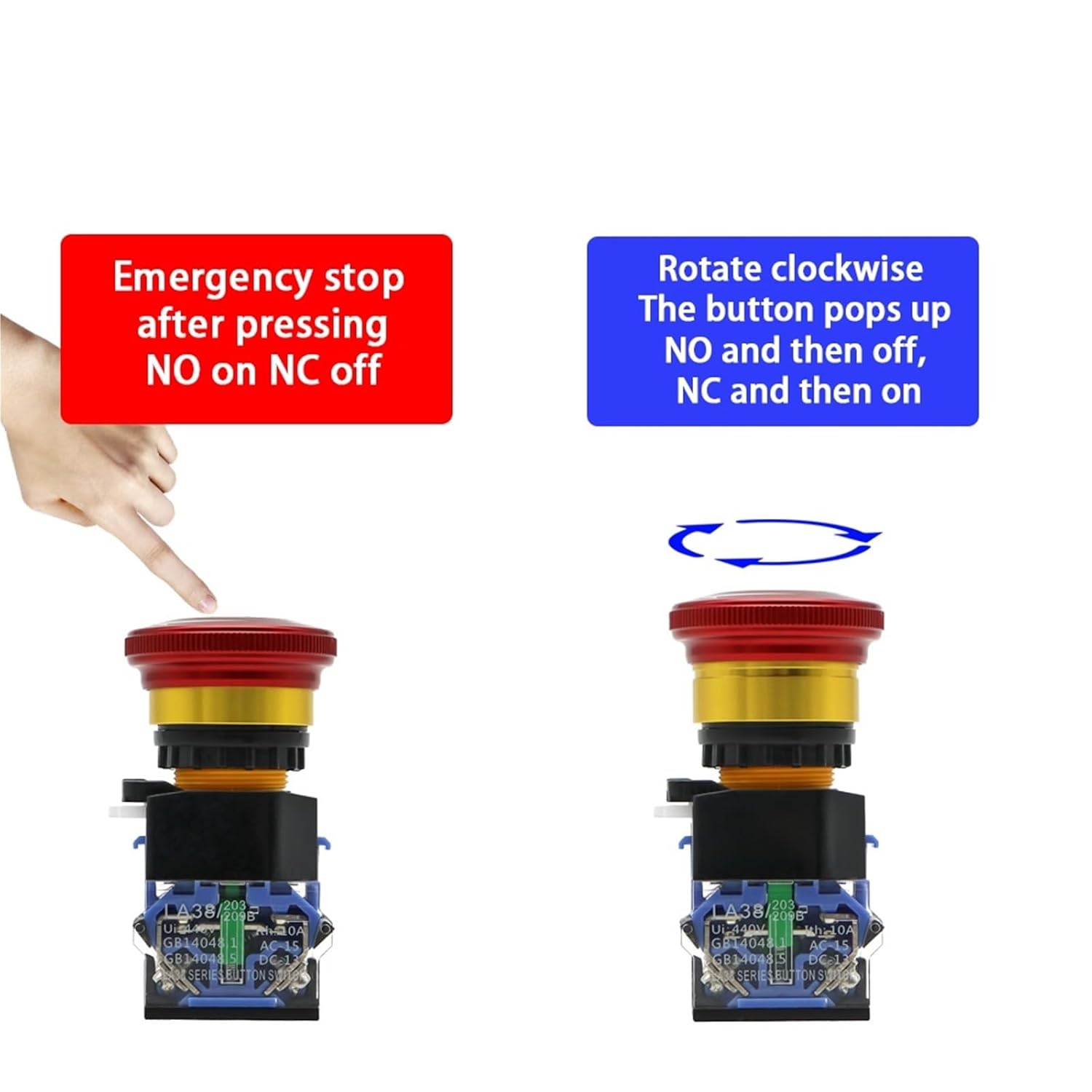 22mm 10A Metal Emergency Stop Pushbutton Switches Mushroom Head Button Self-Locking Elevator Power Start Emergency Stop LA38(1NO 1NC)
