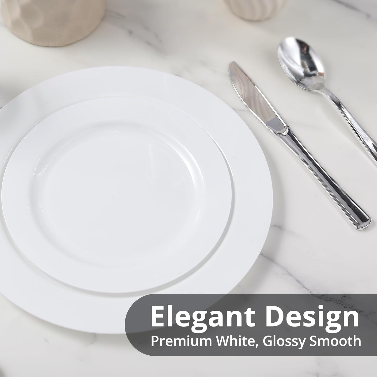 TENYANSEN 100PCS White Plastic Plates for Party, Heavy Duty Disposable Plates - 10.25inch Dinner Plates and 7.5inch Appetizer/Dessert/Salad Plates for Premium Elegant Parties, Wedding, Birthday