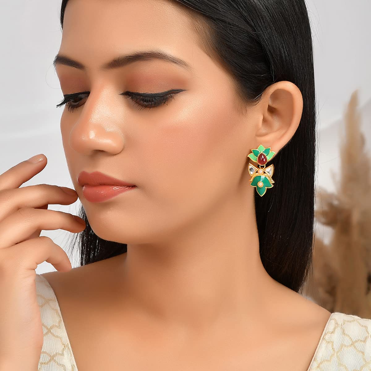 Enamelled Pink Stone Earrings