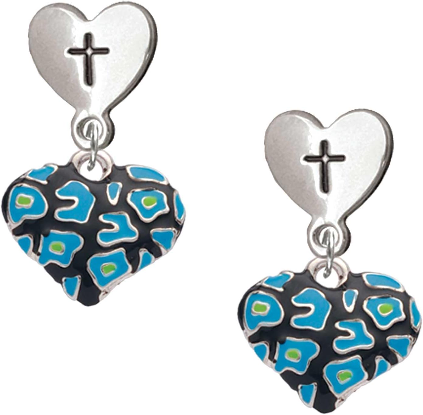 Delight Jewelry Silvertone Enamel Cheetah Print Heart Cross in Heart Post Dangle Earrings