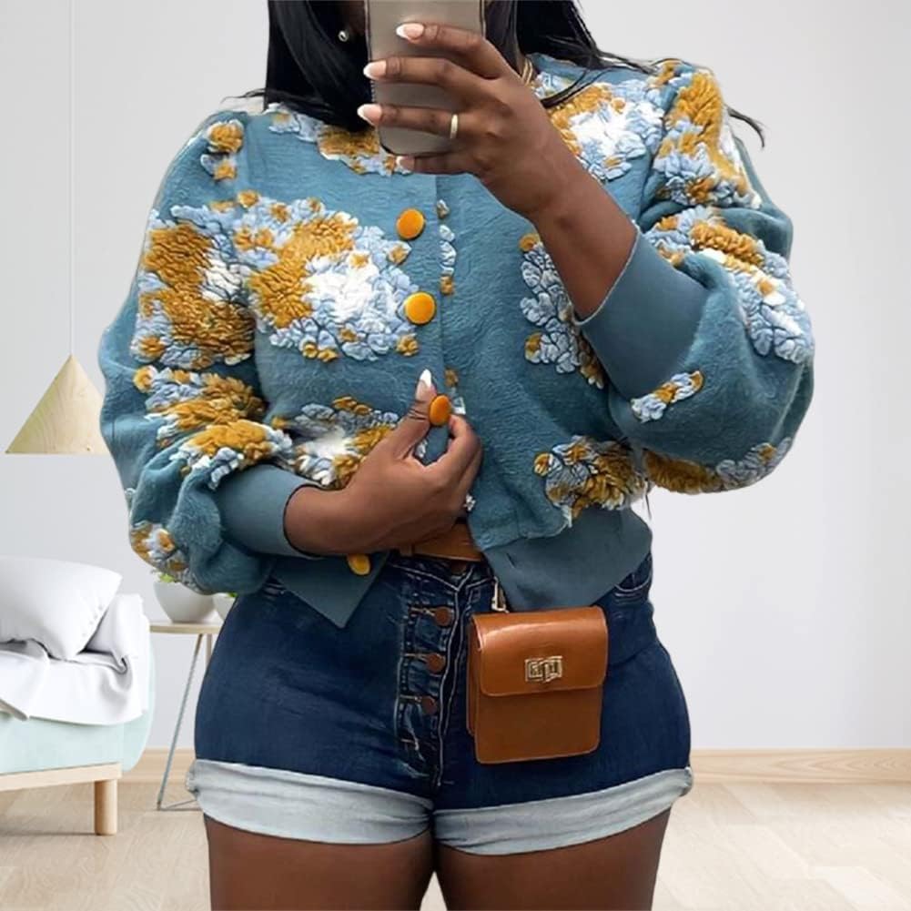 HOULENGS Women's Cropped Floral Print Fleece Bomber Jacket Casual Puff Sleeve Button Down Coats Winter Warm Outerwears - Image 2