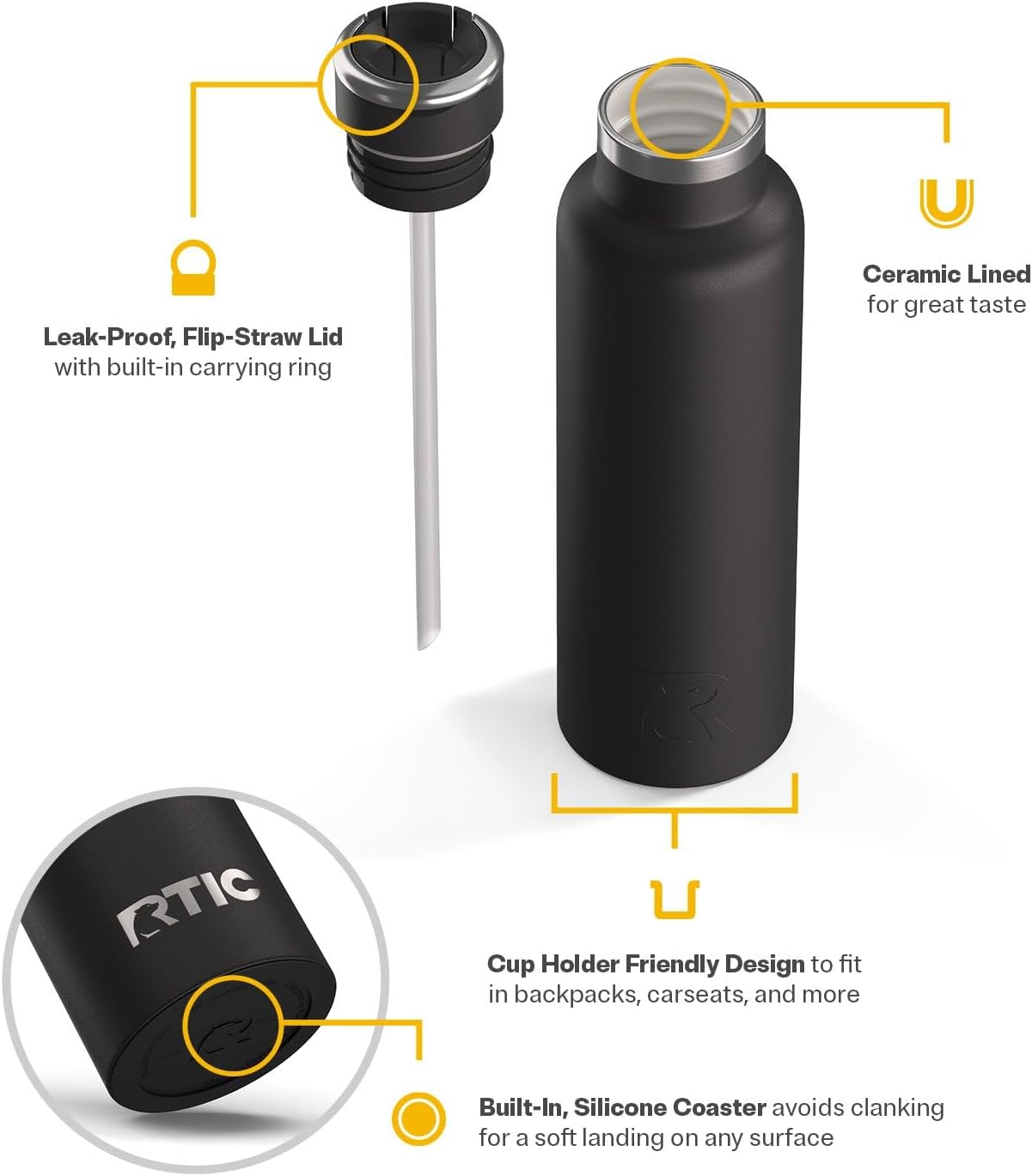 RTIC 20oz Journey Water Bottle Ceramic Lined Metal Stainless Steel Vacuum Insulated, BPA Free, Reusable, for Water, Hot and Cold Drinks, Travel, Sports, Camping, Black - Image 3
