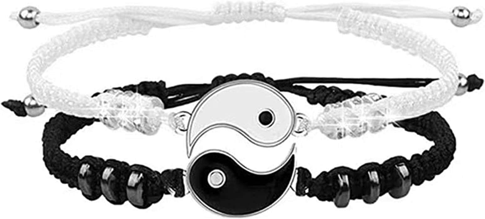Couple Bracelets Set, Best Friend Bracelets for 2 Matching Yin Yang Adjustable Cord Bracelet for Bff Friendship Relationship Boyfriend Girlfriend Men Women Lover Him Her Valentines Gift Silver