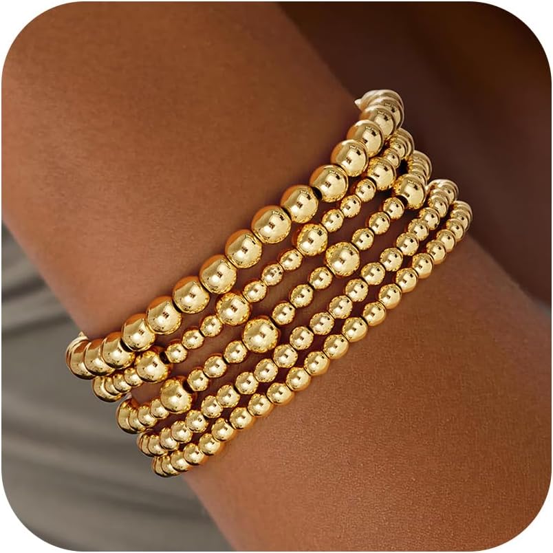 Gold Bracelets for Women, 14K Gold Plated Beaded Bracelets Gold Strand Bead Ball Bracelet Stack Set Adjustable Bracelet Set Waterproof Jewelry for Women Gifts Non Tarnish