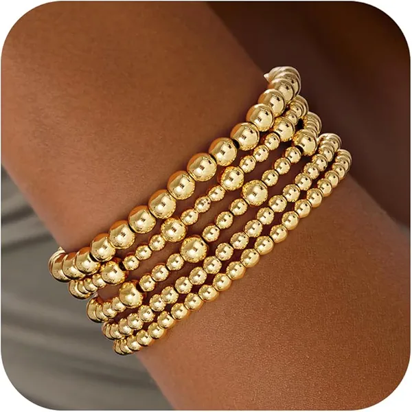 Eaciy Gold Bracelets for Women, 14K Gold Plated Beaded Bracelets Gold Strand Bead Ball Bracelet Stack Set Adjustable Bracelet Set Waterproof Jewelry for Women Gifts Non Tarnish