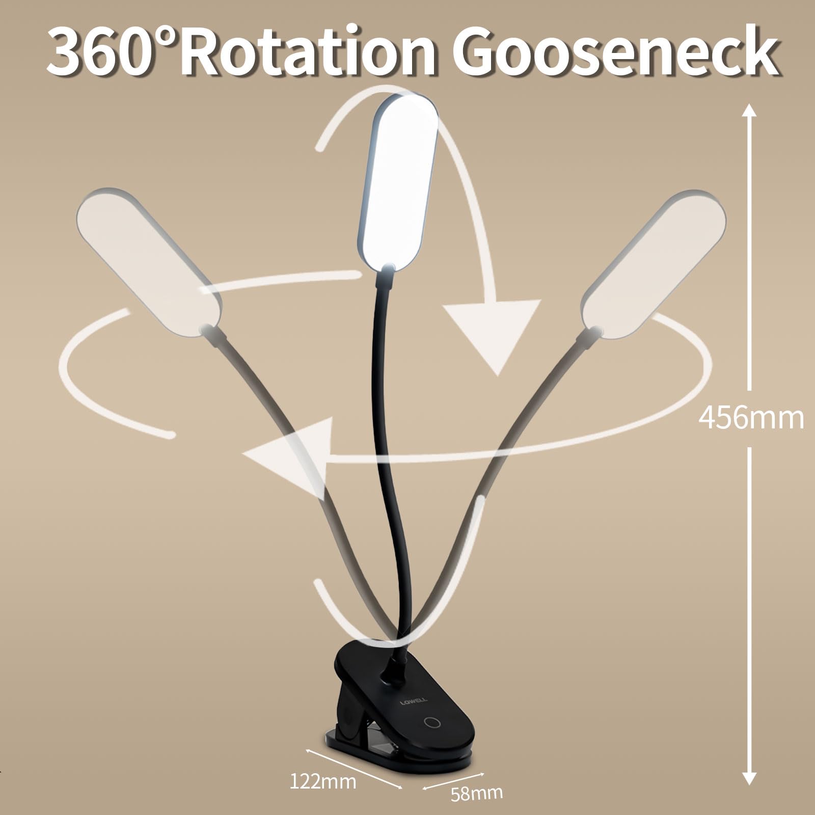 LQWELL® Lampa Z Klipsem Do Lampki Do Czytania W ŁÓŻku, Zasilana Bateryjnie, Ściemniana Lampa Zaciskowa, 3 Poziomy Jasności I Lampa Biurkowa Z Elastycznym 360° Do Domowego Biura (Czarny)