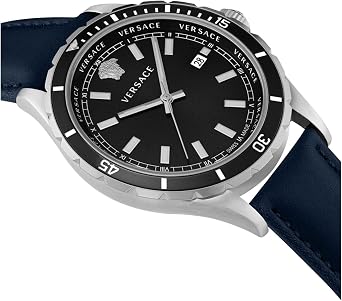 Versace VE3A002 20 Men's Analogue Quartz Watch with Leather Strap, Black, Strap.
