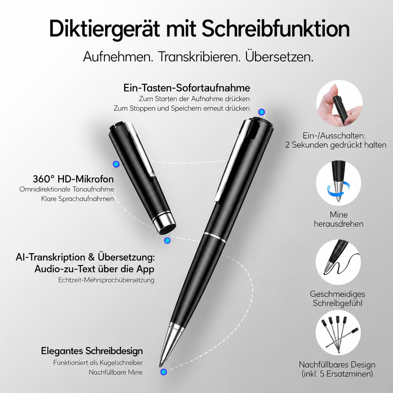 SKARA KI Diktiergerät mit Transkription, Mini Aufnahmegerät mit Spracherkennung & AI Zusammenfassung, Diktiergerät mit Schreibfunktion, 150 Sprachen, KI Notizen & Mind Maps für Studium und Meetings