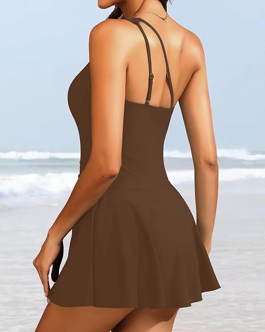 GEWSEY One Piece Swim Dress For Women - One Shoulder Tummy Control Swimsuit With Skirt 2025 Skirted Bathing Suit Swimdress Black L