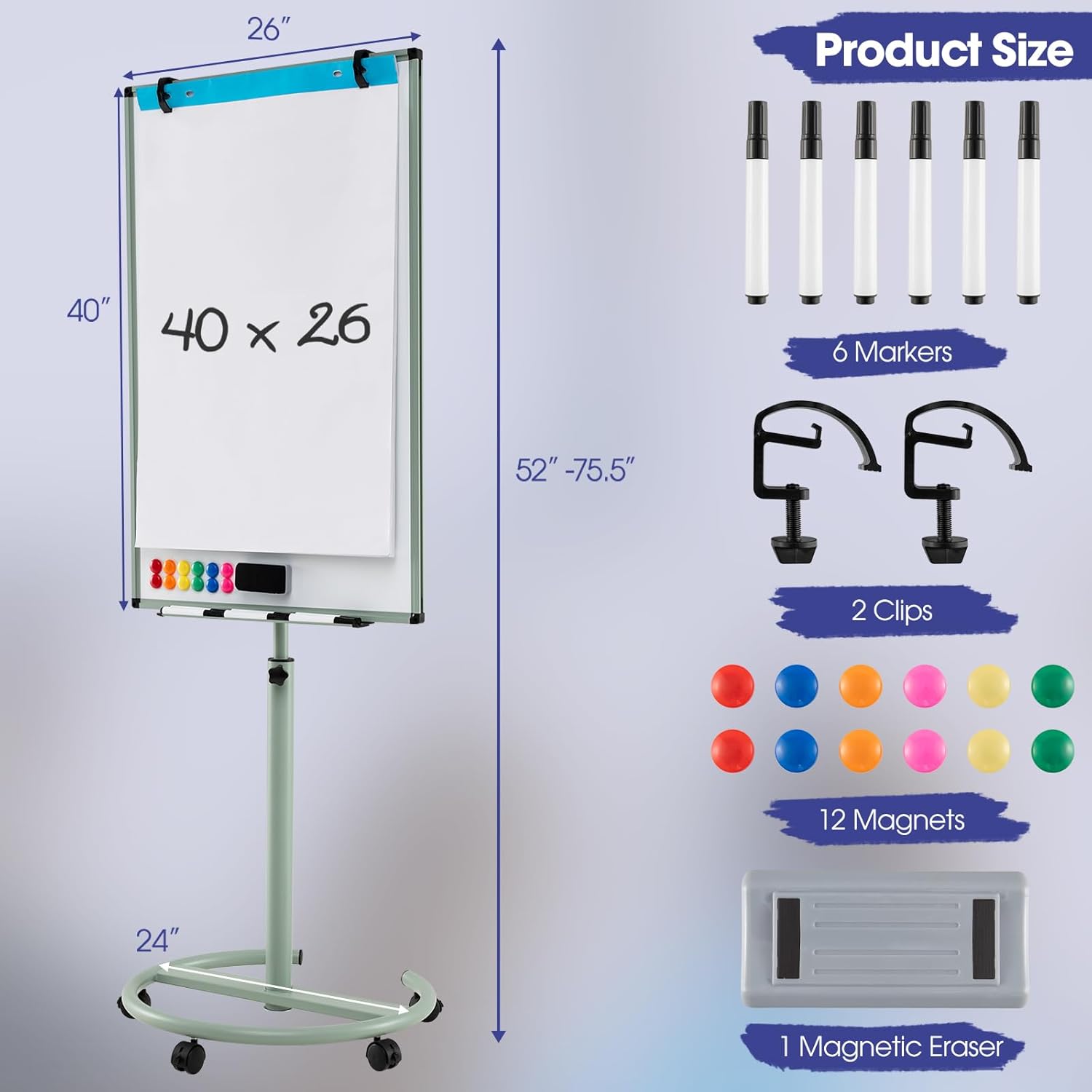 S AFSTAR Mobile White Board Dry Erase, 40x26 Rolling Magnetic Whiteboard W/Adjustable Stand, Dry Eraser, 2 Flipchart Hooks, 25 Sheets Paper Pad, 6 Markers, Standing Portable White Board(Green)