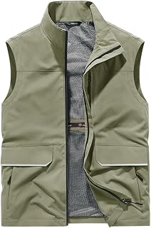 SMBHIAON Men'S Outdoor Quick Dry Fishing Vest,Solid Color Lightweight Mens Breathable Multi-Pocket Fishing Vest Work Sleeveless Jacket,Summer Stand Collar Zipper Cargo Outdoor Jacket Tactical Vest