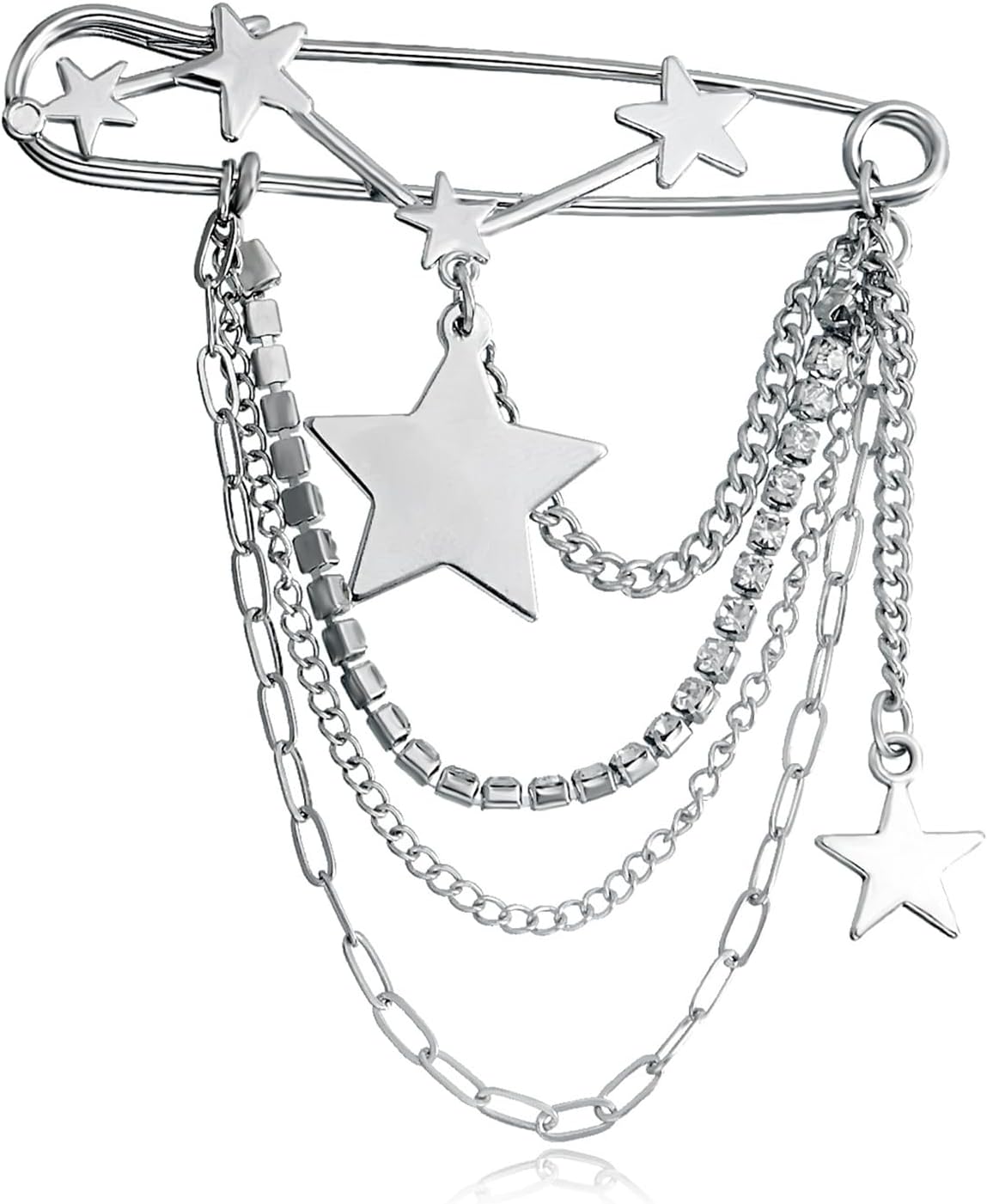 GYRMMUEPunk Gold Silver Star Moon Tassel Chain Brooch,Vintage Crystal Moon Star Collar Pins Cubic Zirconia Sweater Shawl Clips Collar Brooch for Women